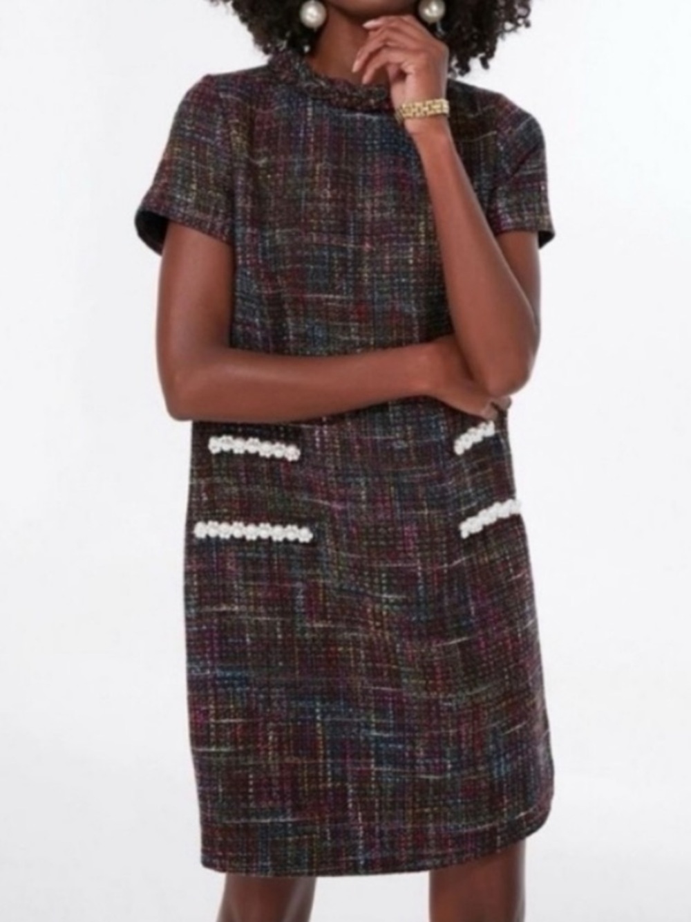 Tuckernuck Jackie O Multi-Color Tweed Shift Dress, Pearl Trim